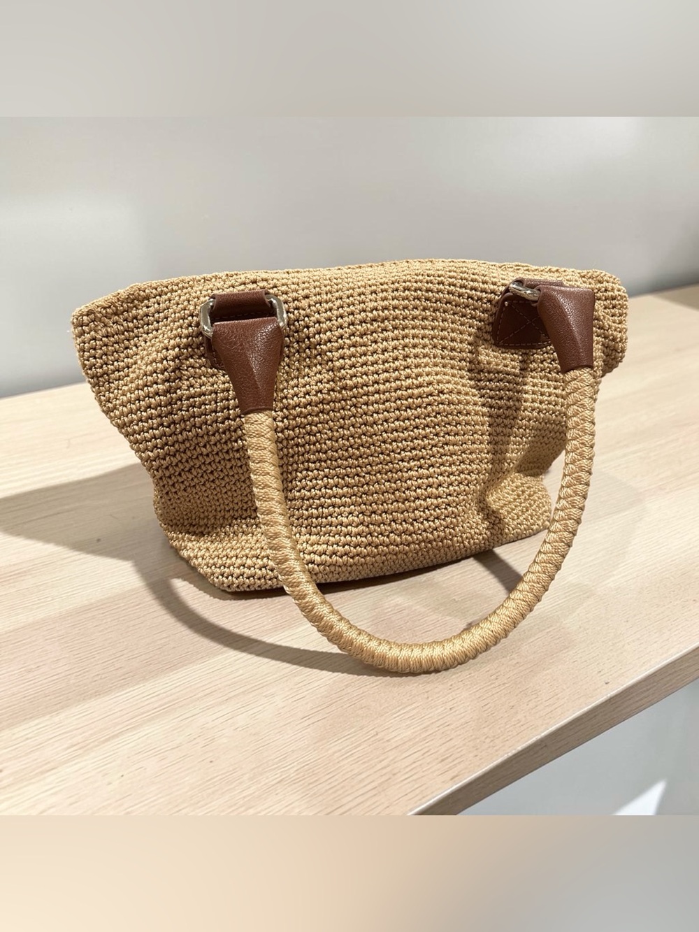 The Sak Crochet Shoulder Bag in Natural with Brown Leather Details. Like New